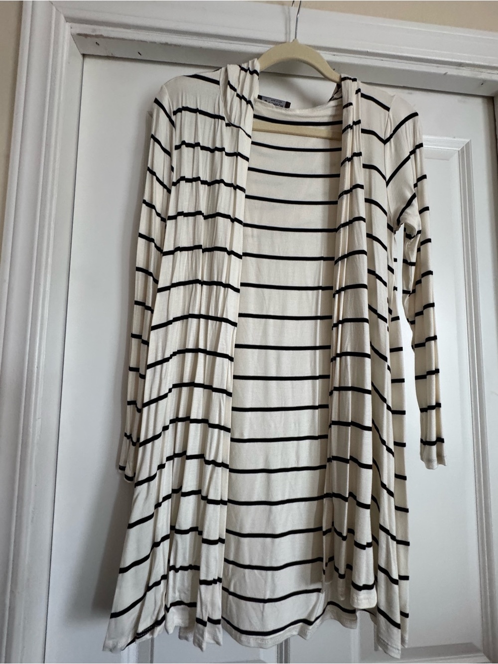 BOMBOM Small Off White Black Striped Hooded Rayon Blend Open Front Cardigan